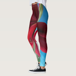 Leggings Fleur Amaryllis rouge vif, arrière - plan bleu WOW