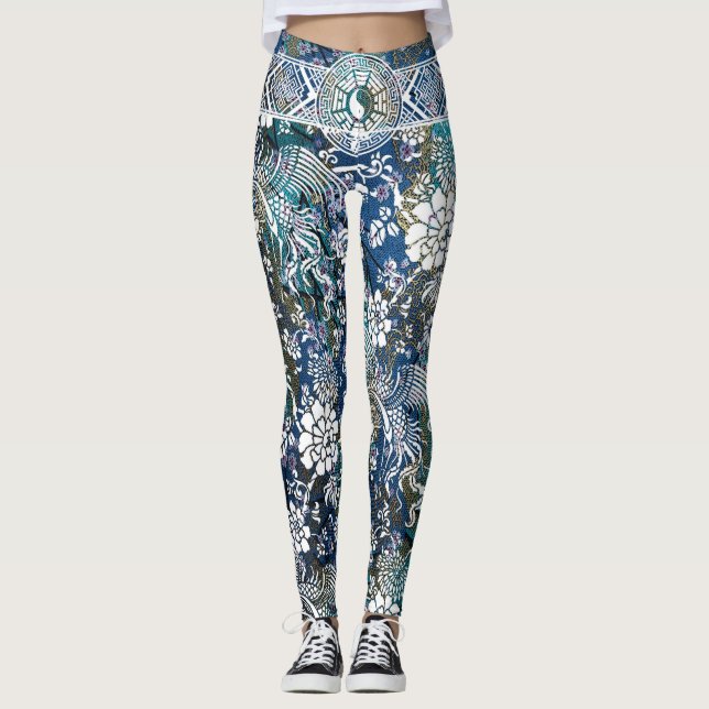 Leggings Fleur blanche de dragon de Yin Yang (Devant)