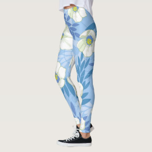 Leggings Fleur blanche fond bleu motif feuilles florales