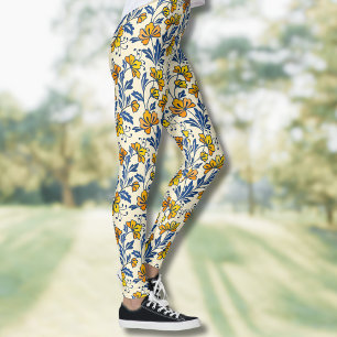 Leggings Fleur Bleue Feuillue de Style Folk Orange Jaune Vi