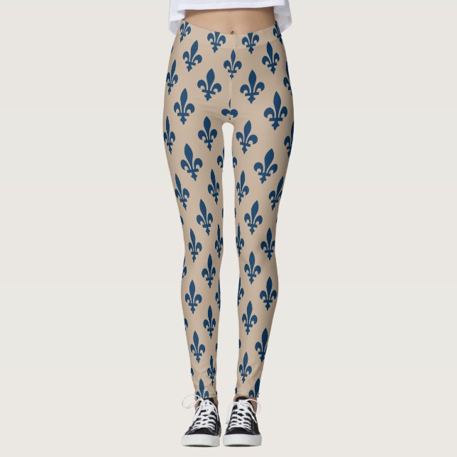 Leggings Fleur de Lis Motif, Royal French Blue sur Crème (Devant)
