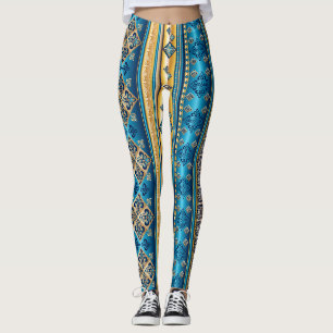 Leggings Fleur de lis Smoky Blue Gold Jaune Motif ethnique