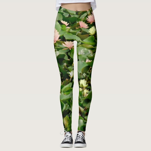 Leggings Fleur de lotus vert, jaune et rose en dentelle (Devant)