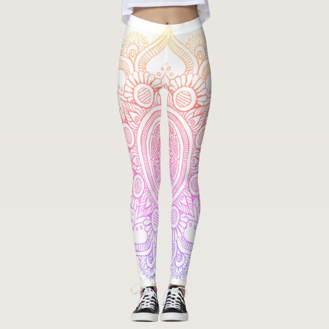 Leggings Fleur de mandala - blanc et arc-en-ciel (Devant)