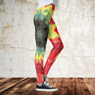 Leggings Fleur de Mandala rétro rouge et jaune