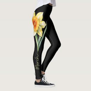 Leggings Fleur de naissance de mars, jonquille jaune sur no