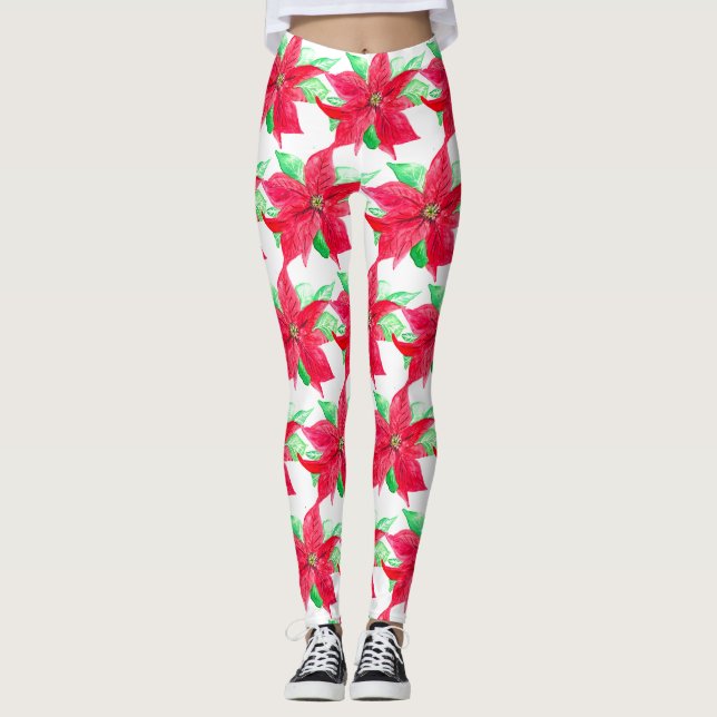 Leggings Fleur de Noël rouge de Poinsettia (Devant)
