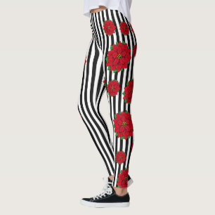 Leggings Fleur de Noël rouge sur rayé noir et blanc