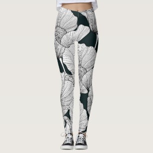 Leggings Fleur de pavot, ligne blanche noire.