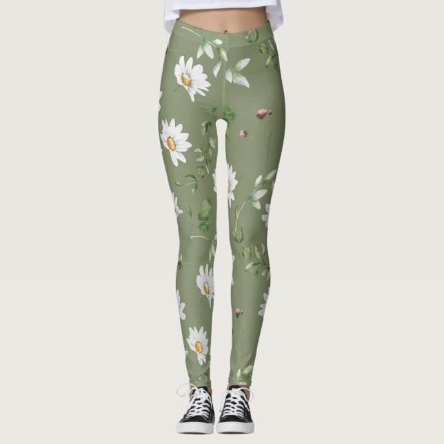 Leggings Fleur de pétale blanche sur arrière - plan vert ol (Devant)