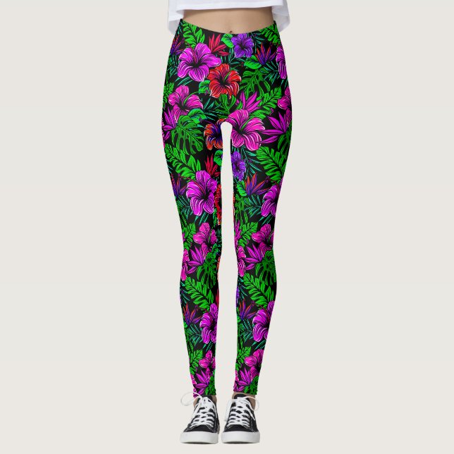 Leggings Fleur d'Hibiscus rouge rose tropicale violet (Devant)