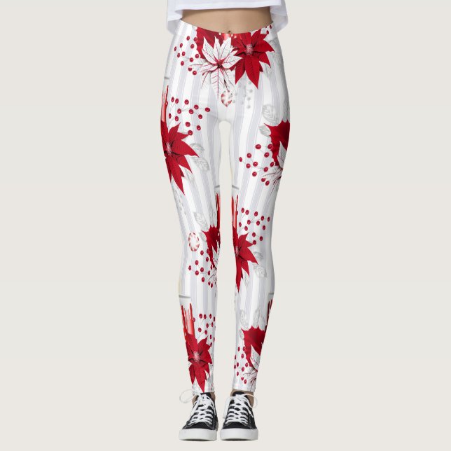 Leggings Fleur moderne rouge et blanche de Poinsettia (Devant)