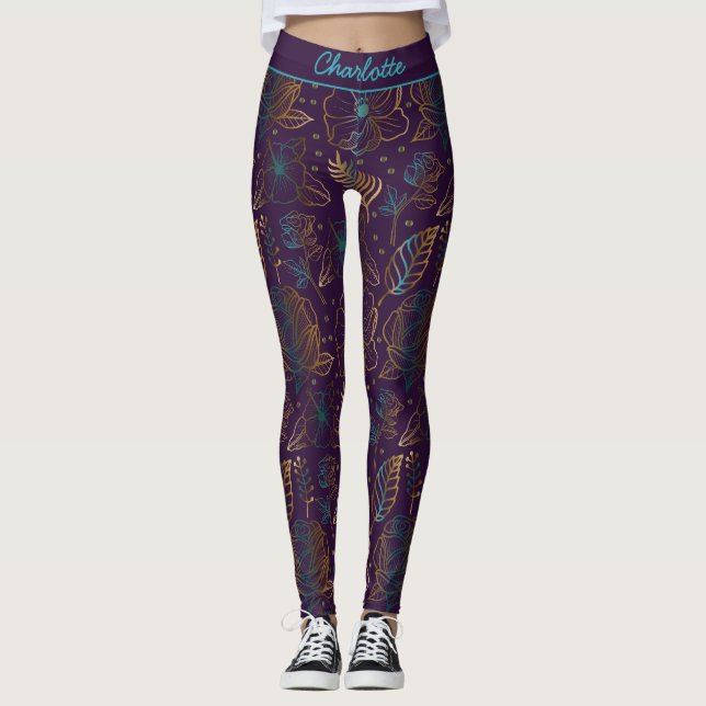 Leggings Fleur motif floral violet nom personnalisé (Devant)