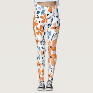 Leggings Fleur orange et bleu feuille motif