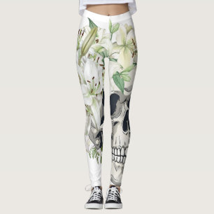 Leggings Fleur silencieuse : Crâne et Lys blancs