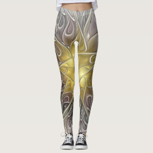Leggings Fleurir Avec Or Moderne Fleur Abstraite Fractale