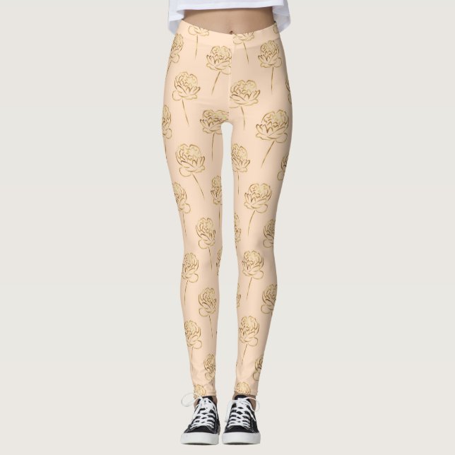 Leggings Fleurs Abstraites d'or sur Peach Yoga Pants (Devant)