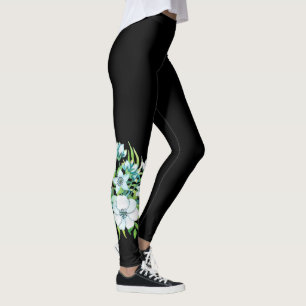 Leggings fleurs blanches corsage feuille nature floral noir