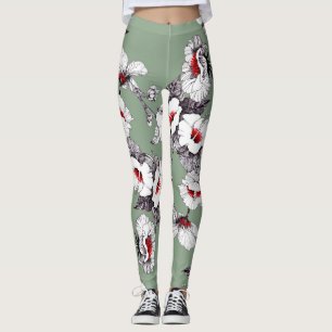 Leggings Fleurs blanches rouges sans joint : décoration ver