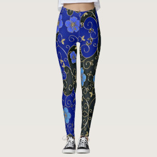Leggings Fleurs Bleues Élégantes Avec Feuilles Or Et Fils