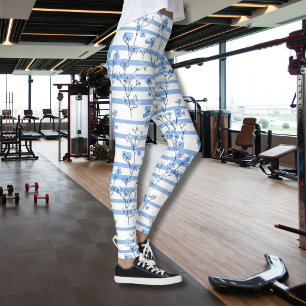 Leggings Fleurs Bleues Élégantes Motif Rayé