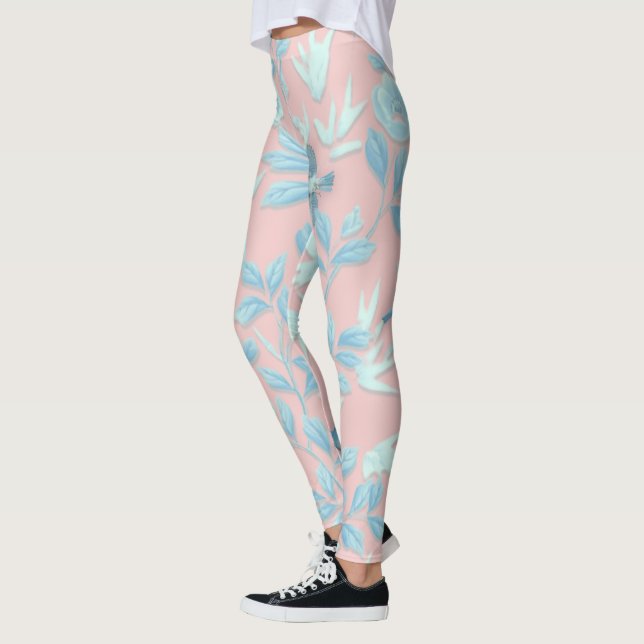 Leggings fleurs bleues et oiseau, couleur rose clair Arrièr (Gauche)
