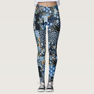Leggings Fleurs Bleues Patchwork : Tissu sans couture.