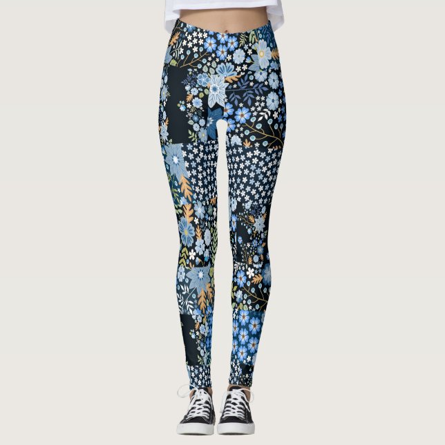 Leggings Fleurs Bleues Patchwork : Tissu sans couture. (Devant)