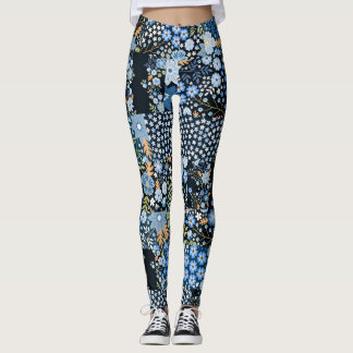 Leggings Fleurs Bleues Patchwork : Tissu sans couture.