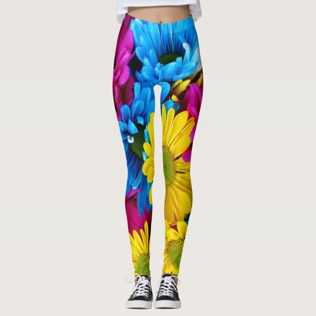 Leggings Fleurs colorées, marguerites - Rose Jaune Bleu (Devant)