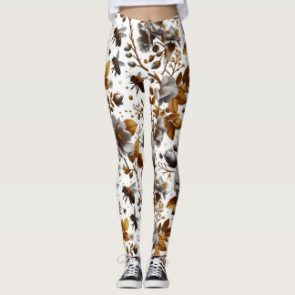 Leggings fleurs d'abeilles miel et art motif feuille