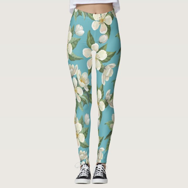 Leggings Fleurs d'aquarelle blanche Feuilles verts (Devant)
