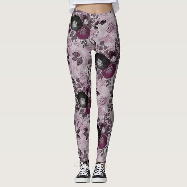 Leggings Fleurs d'aquarelle bordeaux. (Devant)