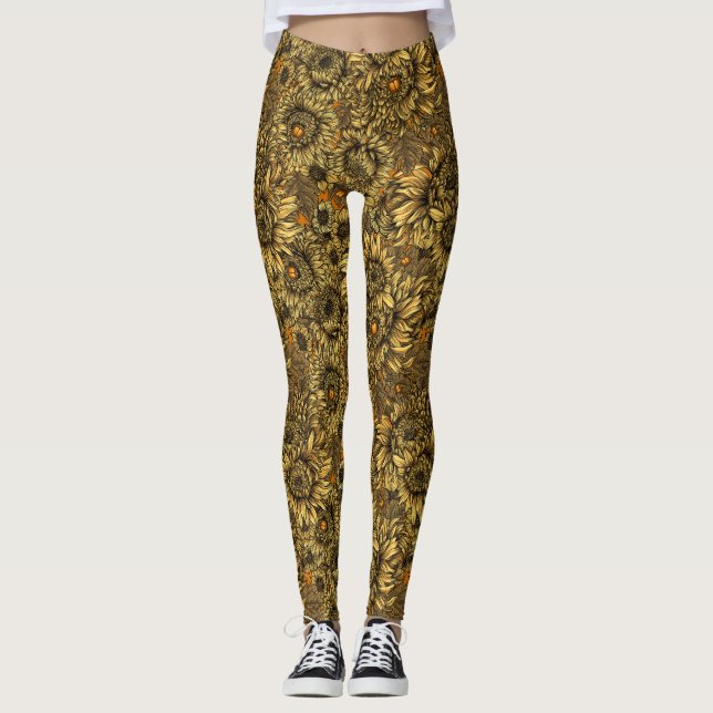 Leggings Fleurs de chrysanthèmes jaunes et coléoptères oran (Devant)