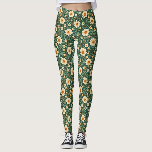 Leggings Fleurs de crème sur vert (Devant)