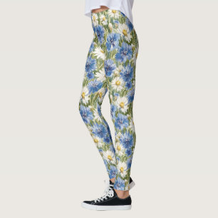 Leggings Fleurs de marguerite bleues blanches