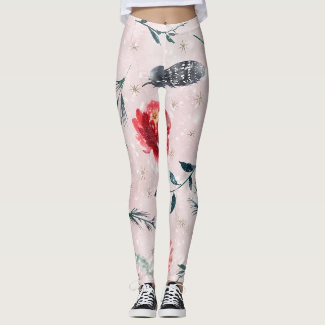 Leggings Fleurs de Noël Feuille Boho Motif (Devant)