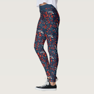 Leggings Fleurs de Noël rouges et blanches sur Leggi bleu f