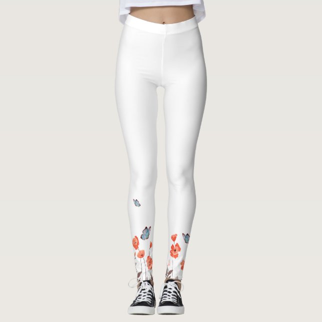 Leggings Fleurs de pavot orange et papillons bleus Jardin (Devant)