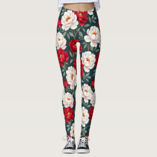 Leggings Fleurs de pivoine rouges et blanches 