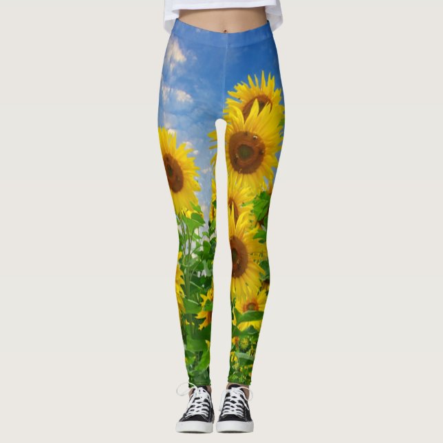 Leggings Fleurs de soleil et Ciel bleu Champ d'été (Devant)