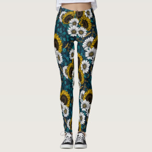 Leggings Fleurs de soleil et marguerites, jardin d'été 2