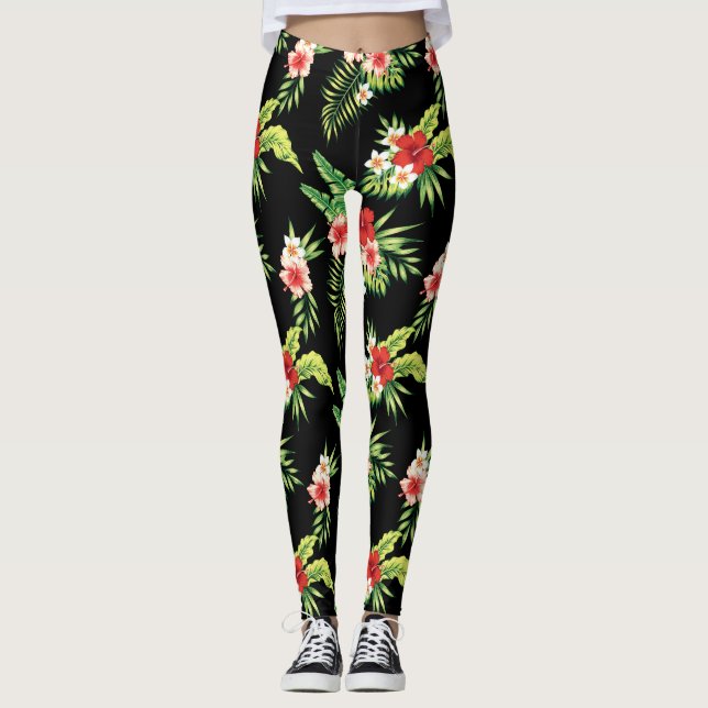 Leggings Fleurs d'Hibiscus colorées Motif sans couture (Devant)