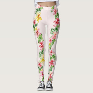 Leggings Fleurs d'Hibiscus Rose Jaune Tropical