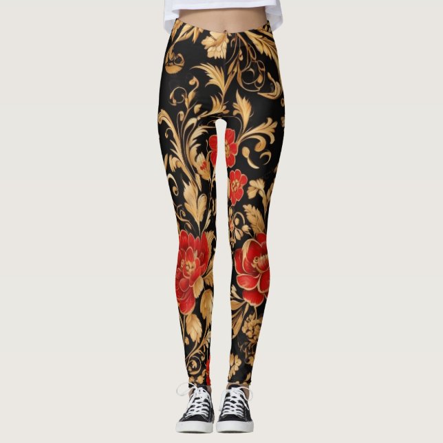 Leggings Fleurs dorées : Floral opulent (Devant)