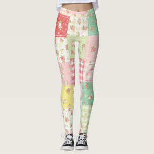 Leggings Fleurs en patchwork gingham pastel doux