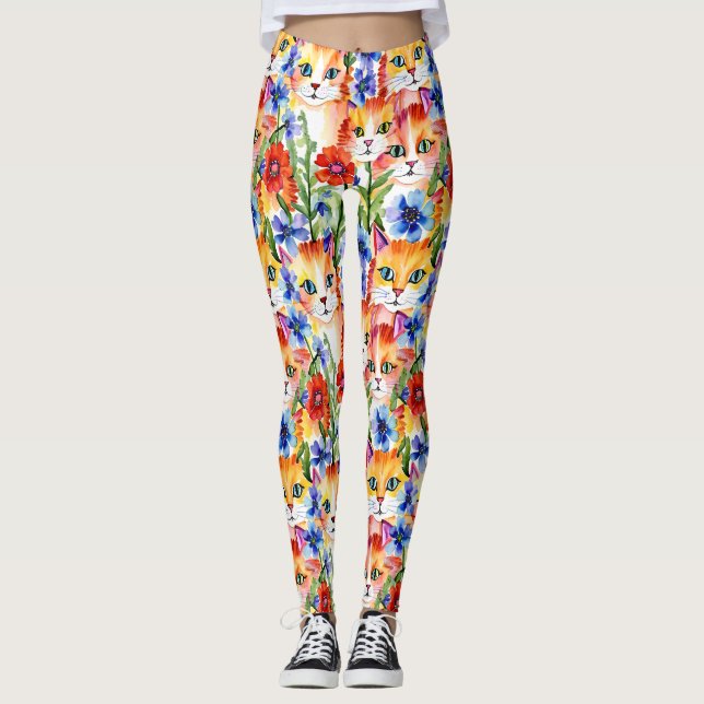 Leggings Fleurs et chats d'aquarelle d'art populaire (Devant)