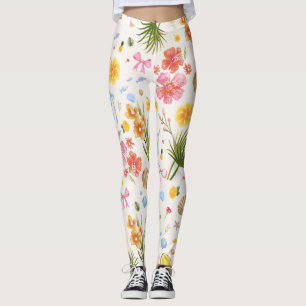 Leggings Fleurs et coquillages côtiers tropicaux tirés à la