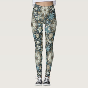 Leggings Fleurs et flocons de neige bleu et or