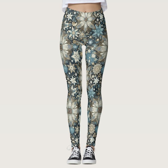 Leggings Fleurs et flocons de neige bleu et or (Devant)